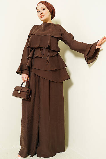 Kat Kat Fırfırlı Tunik İkili Takım Kahve - İkili Takım