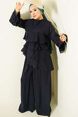 Kat Kat Fırfırlı Tunik İkili Takım Lacivert - HATUN