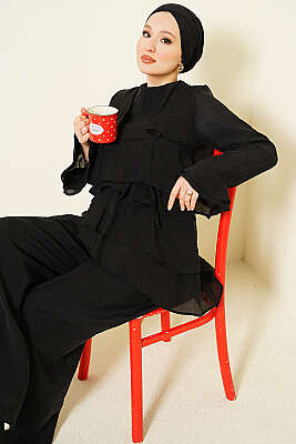 Kat Kat Fırfırlı Tunik İkili Takım Siyah - HATUN