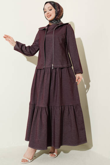 Kat Kat Jileli Ceketli Kot İkili Takım Mürdüm - İkili Takım