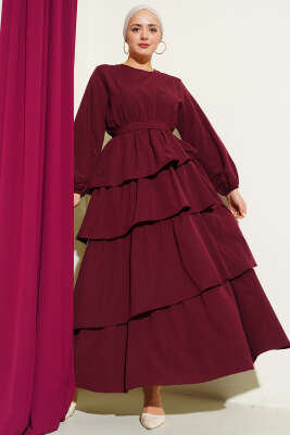 Kat Kat Kuşaklı Terikoton Elbise Bordo - CNR TEKSTİL