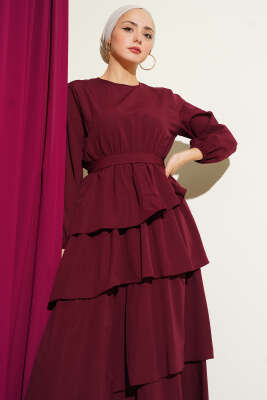 Kat Kat Kuşaklı Terikoton Elbise Bordo - Elbise