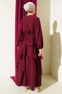 Kat Kat Kuşaklı Terikoton Elbise Bordo - Elbise