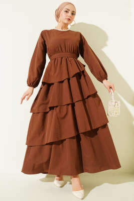 Kat Kat Kuşaklı Terikoton Elbise Kahve - CNR TEKSTİL