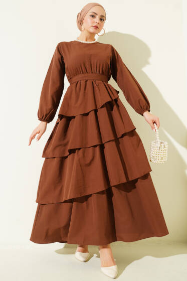 Kat Kat Kuşaklı Terikoton Elbise Kahve - Elbise