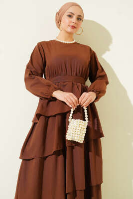 Kat Kat Kuşaklı Terikoton Elbise Kahve - Elbise