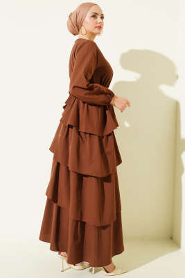 Kat Kat Kuşaklı Terikoton Elbise Kahve - Elbise