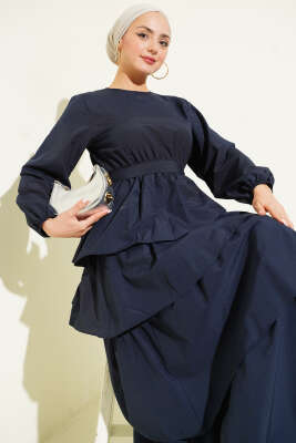 Kat Kat Kuşaklı Terikoton Elbise Lacivert - CNR TEKSTİL