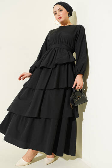 Kat Kat Kuşaklı Terikoton Elbise Siyah - Elbise