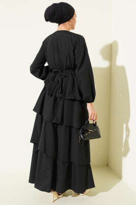 Kat Kat Kuşaklı Terikoton Elbise Siyah - Elbise