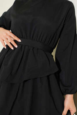 Kat Kat Kuşaklı Terikoton Elbise Siyah - Elbise