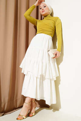 Kat Kat Parçalı Kloş Etek Ekru - Uzun Etek