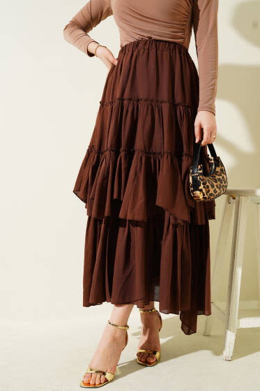 Kat Kat Parçalı Kloş Etek Kahve - Etek