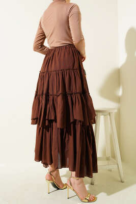 Kat Kat Parçalı Kloş Etek Kahve - Uzun Etek