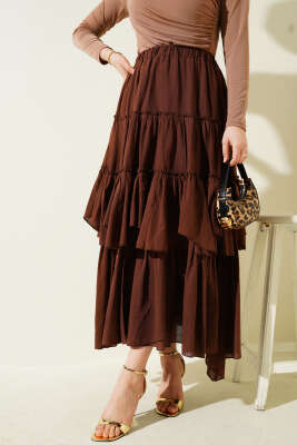 Kat Kat Parçalı Kloş Etek Kahve 