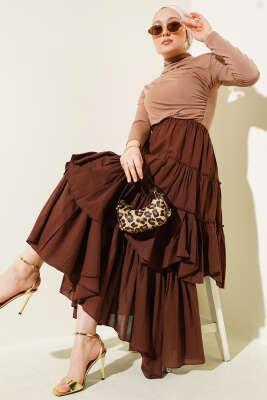 Kat Kat Parçalı Kloş Etek Kahve - Uzun Etek