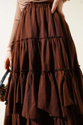 Kat Kat Parçalı Kloş Etek Kahve - Uzun Etek