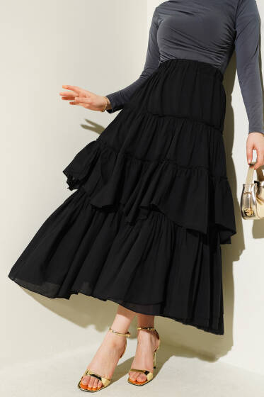 Kat Kat Parçalı Kloş Etek Siyah - Etek