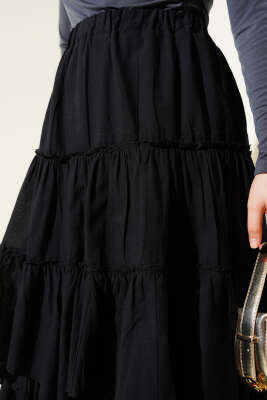 Kat Kat Parçalı Kloş Etek Siyah - Uzun Etek