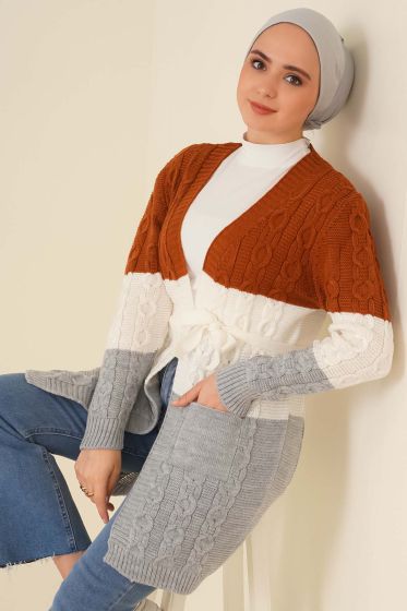 Kat Kat Renkli Örgü Hırka Taba - Hırka