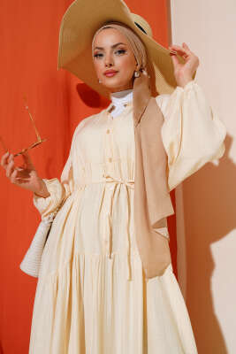 Kat Kat Salaş Keten Elbise Bej - Tesettür Elbise