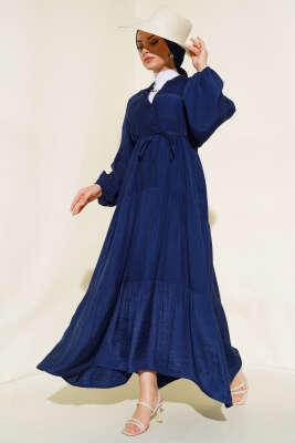 Kat Kat Salaş Keten Elbise Lacivert - Tesettür Elbise