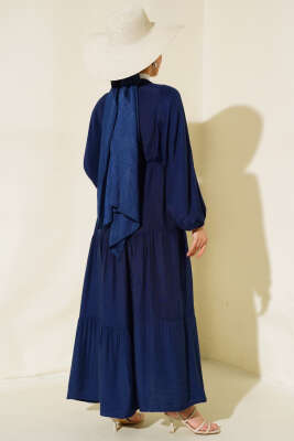 Kat Kat Salaş Keten Elbise Lacivert - Tesettür Elbise