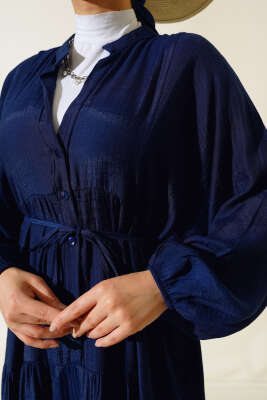 Kat Kat Salaş Keten Elbise Lacivert - Tesettür Elbise