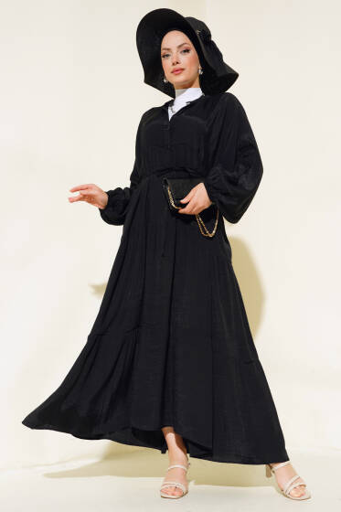 Kat Kat Salaş Keten Elbise Siyah - Elbise