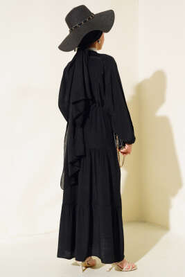 Kat Kat Salaş Keten Elbise Siyah - Tesettür Elbise