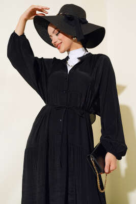 Kat Kat Salaş Keten Elbise Siyah - Tesettür Elbise