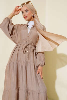 Kat Kat Salaş Keten Elbise Vizon - Tesettür Elbise