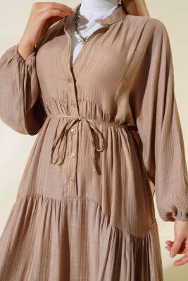 Kat Kat Salaş Keten Elbise Vizon - Tesettür Elbise