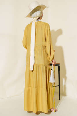 Kat Kat Salaş Keten Elbise Yağ Yeşili - Tesettür Elbise