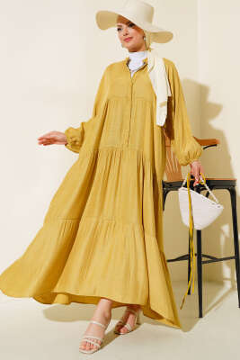 Kat Kat Salaş Keten Elbise Yağ Yeşili - Tesettür Elbise