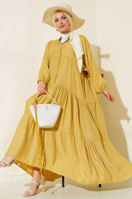 Kat Kat Salaş Keten Elbise Yağ Yeşili - Tesettür Elbise