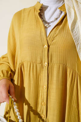 Kat Kat Salaş Keten Elbise Yağ Yeşili - Tesettür Elbise