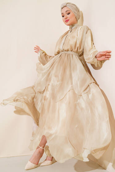 Kat Kat Şifon Elbise Bej - Tesettür Elbise