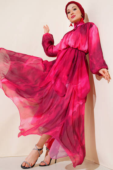 Kat Kat Şifon Elbise Fuşya - Tesettür Elbise