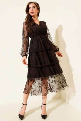 Kat Kat Tüllü Midi Elbise Acı Kahve - KİKİ