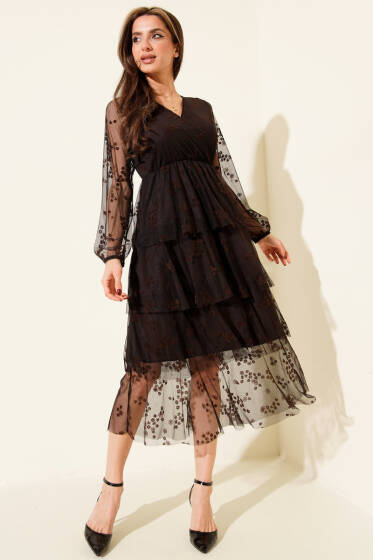 Kat Kat Tüllü Midi Elbise Acı Kahve - Kadın Giyim Modelleri