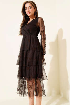 Kat Kat Tüllü Midi Elbise Acı Kahve - Kadın Giyim Modelleri