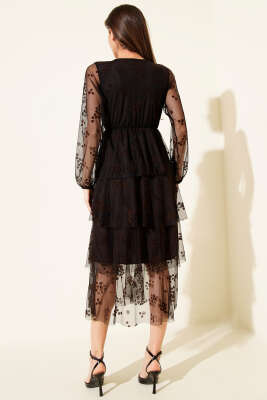 Kat Kat Tüllü Midi Elbise Acı Kahve - Kadın Giyim Modelleri