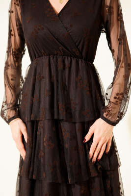 Kat Kat Tüllü Midi Elbise Acı Kahve - Kadın Giyim Modelleri