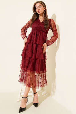 Kat Kat Tüllü Midi Elbise Bordo - Günün Seçilenleri