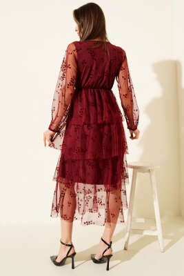 Kat Kat Tüllü Midi Elbise Bordo - Günün Seçilenleri