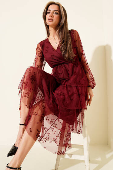 Kat Kat Tüllü Midi Elbise Bordo - Kadın Giyim Modelleri