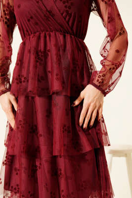 Kat Kat Tüllü Midi Elbise Bordo - Kadın Giyim Modelleri