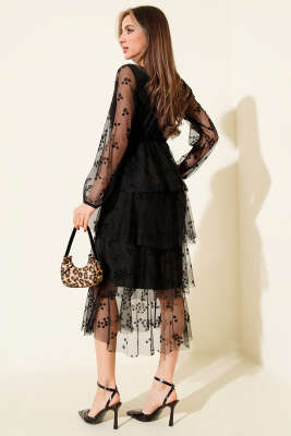 Kat Kat Tüllü Midi Elbise Siyah - Günün Seçilenleri