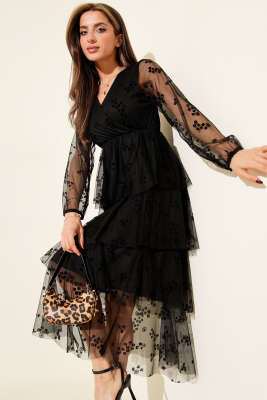 Kat Kat Tüllü Midi Elbise Siyah - KİKİ